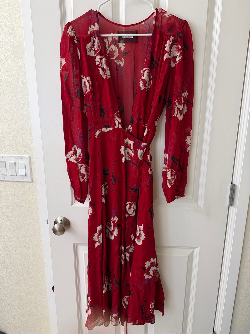 Reformation Red Floral Long Sleeve Wrap Dress